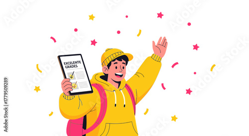 Excited Student Celebrating Good Grades on Tablet Display with Colorful Confetti
