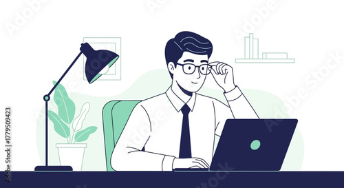 Focused Professional Working Remotely, Holding Glasses, Using Laptop at Cozy Desk