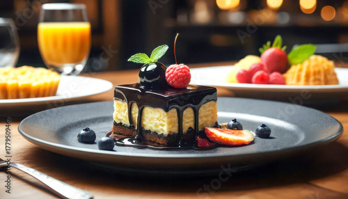 Decadent chocolate drizzled cheesecake topped with fresh raspberry and mint served on a dark plate with fruit garnish