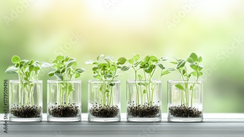 Five small green plants growing in clear glass containers with soil, set against a soft, bright green background, symbolizing natural growth and environmental care.