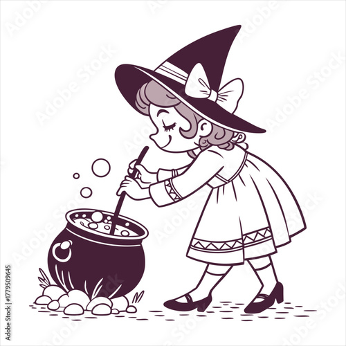 Cute cartoon witch girl stirring a bubbling cauldron with a wand