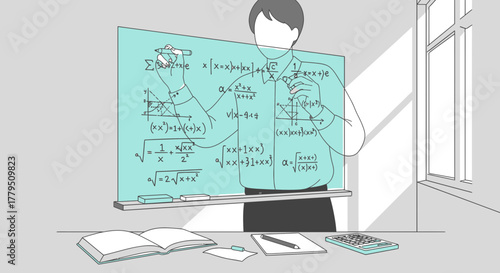 Illustrated Educator Explaining Complex Mathematical Concepts On A Transparent Board