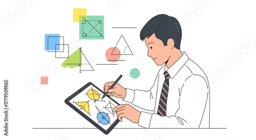 Illustration Of A Man Analyzing Geometric Shapes and Diagrams On Digital Tablet Screen