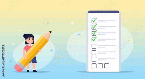 Illustration Of A Girl Holding A Giant Pencil Next To A Checklist On A Mobile Phone