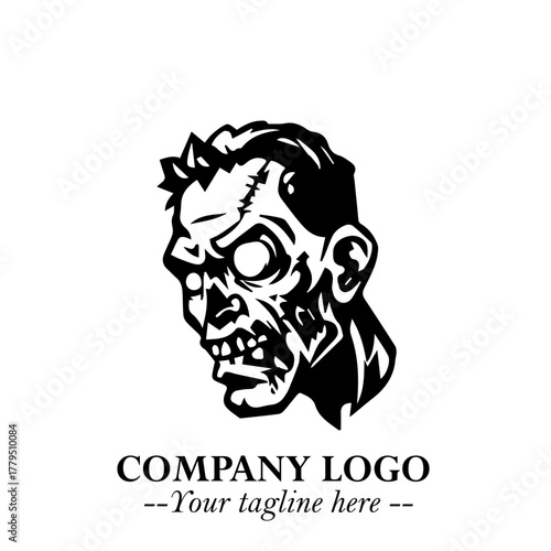 Head of Zombie Logo Symbol in Black on the White Background with Horror Minimal Vector Design