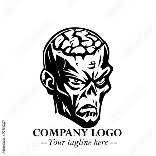 Head of Zombie Logo Symbol in Black on the White Background with Horror Minimal Vector Design
