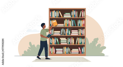 Man In The Library Selecting Book From Bookshelf For Learning And Knowledge
