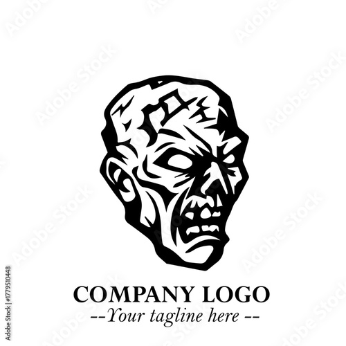 Head of Zombie Logo Symbol in Black on the White Background with Horror Minimal Vector Design