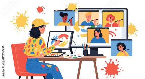 Online Art Class Demonstrating Painting Techniques and Creative Ideas with Students