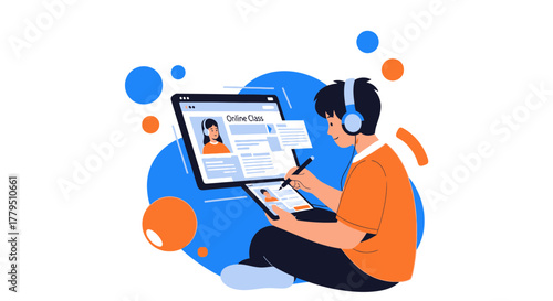 Online Classroom Illustration Showcasing E-Learning, Education, and Digital Technology