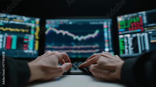 Hands typing on keyboard analyzing real-time stock market data on multiple screens