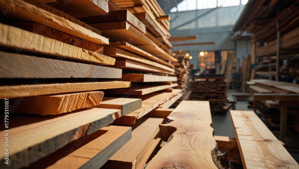 Fototapeta premium Stacked wooden planks in a lumber yard, showcasing various textures and colors