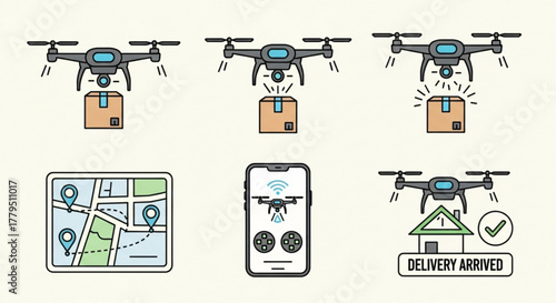 Collection of drone delivery icons depicting package dropoff, location tracking, mobile app interface, and delivery confirmation
