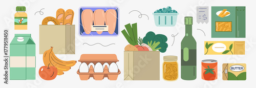 Grocery food in supermarket packages. Vegetables, fruits, milk, pasta, eggs, canned food, bread, bottled oil, and packaged goods. Healthy eating concept.
