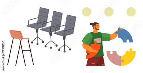 Group of modern chairs and person assembling colorful puzzle pieces. Ideal for teamwork, collaboration, office planning, problem-solving, creativity, strategy, and solutions. Simple flat metaphor