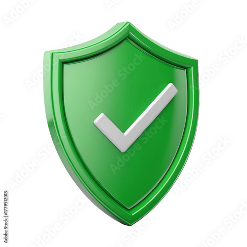 3D Glossy green shield with white checkmark symbol for security protection isolated on a transparent background.