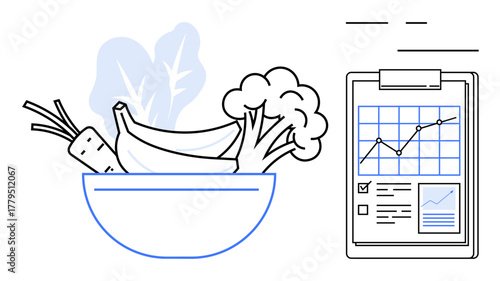 Bowl containing carrot, banana, broccoli, and leafy greens alongside clipboard with growth chart. Ideal for nutrition, meal planning, fitness, health tracking, diet management market analysis