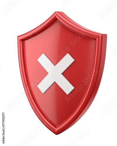 3D Glossy red shield with white x mark symbol isolated on a transparent background.