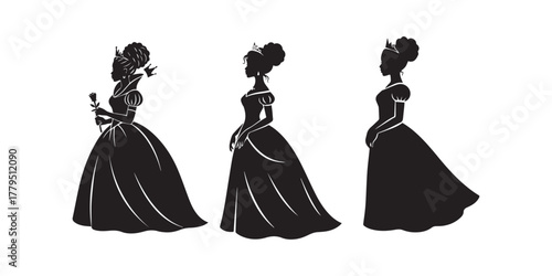 cinderella silhouette. This image shows a silhouette of Cinderella in a ball gown, representing elegance and fantasy. Vector clipart illustration design. Princess in formal dress silhouette image 