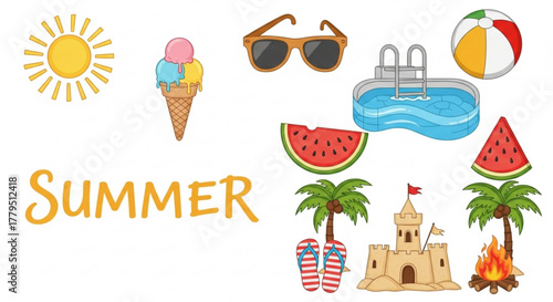 Summer themed illustration with sun, ice cream, sunglasses, pool, beach ball, watermelon, palm trees, flip flops, sandcastle, bonfire and the word summer