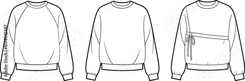 Technical Fashion Sketch Vector – Three Sweatshirt Front Views with Raglan, Drop Shoulder, and Drawstring Detail for Apparel Design Use