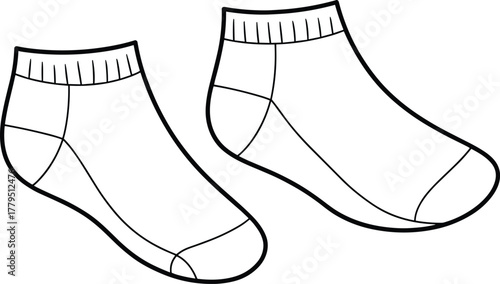 Vector illustration of ankle socks with stitching details, showing top and side views in minimal black outline for apparel design.