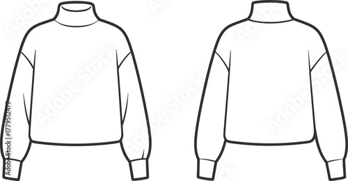 Minimalist fashion flat sketch of turtleneck sweater front and back view vector illustration, casual winter clothing design template