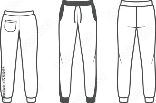 Vector fashion sketches of three sweatpants designs with varied waistbands, pockets, and seam details for casual wear illustration.