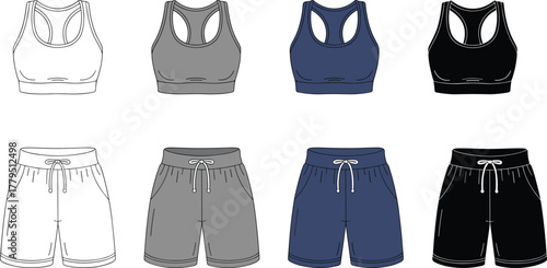 Vector set of women’s athletic wear with racerback sports bras and drawstring shorts in white, gray, navy, and black colors.