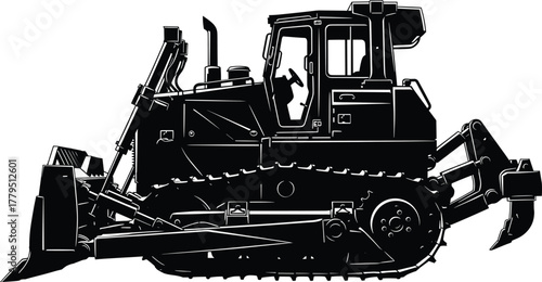 Black and white illustration of a bulldozer heavy machinery, bulldozer, heavy machinery, construction equipment, earthmover, tractor, industrial vehicle, machinery, vehicle, transport, engineering, po