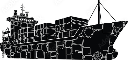 Black and white illustration of a cargo ship with stacked containers, cargo ship, container ship, freight ship, transport, logistics, shipping, maritime, vessel, ocean, sea, black and white, silhouett