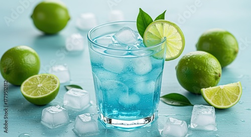 Blue Cocktail with Lime and Ice drink cubes refreshing beverage glass fruit citrus cold summer alcohol liquor garnish slice