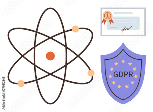 Atomic structure, shield with GDPR label, and certificate symbolize scientific innovation, data security, and compliance. Ideal for education, technology, regulation, privacy cybersecurity