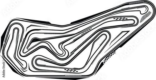 Black and white racing circuit graphic with checkered flags, racing circuit, race track, motorsport, speed, competition, black and white, graphic, abstract, vector, checkered flag, finish line, start 