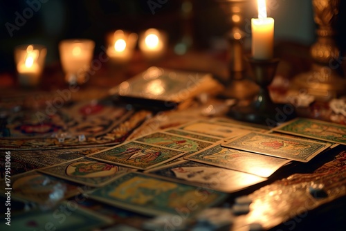 Illuminated tarot cards spread on a wooden table surrounded by flickering candles, creating a mystical atmosphere for divination and spiritual insight
