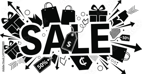 Black and white sale graphic with shopping bags and gifts, sale, shopping, discount, offer, promotion, black and white, graphic, illustration, shopping bag, gift box, present, 50 percent off, price ta