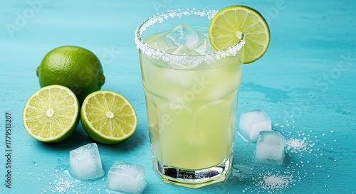 Refreshing Margarita Cocktail with Lime and Salt ice drink alcohol tequila glass beverage citrus summer party celebration cold