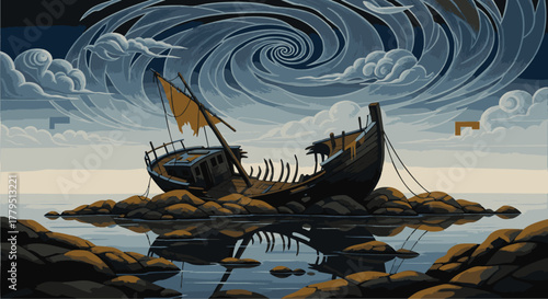 A wrecked ship stranded on rocky shores under a swirling stormy sky with dramatic clouds and reflections in the water from a distant viewpoint