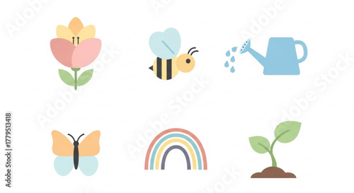 A delightful collection of spring icons, featuring a blooming tulip, a buzzing bee, a watering can, a graceful butterfly, a colorful rainbow, and a sprouting plant