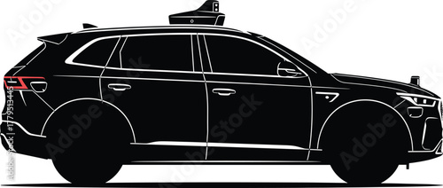 Black self driving S U V with red taillights and sensor, car, suv, autonomous, self driving, vehicle, black, white, outline, silhouette, technology, sensor, lidar, camera, roof, red, taillight, modern