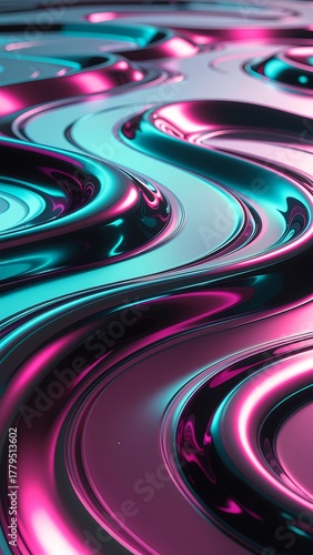 Abstract swirling metallic waves with pink and teal light reflections