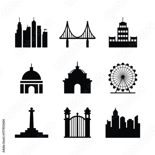 Collection of black silhouettes of famous landmarks and architectural structures on a white background. famous landmarks and architectural structures silhouette icon set.