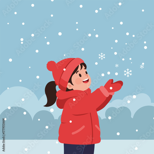 Cartoon child joyfully reaching for falling snowflakes, wearing a red coat and hat, set against a blue, winter scene