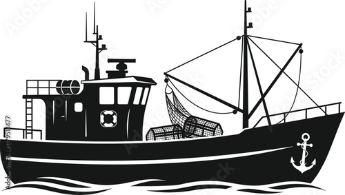Black silhouette of a fishing trawler with lobster pots, fishing boat, trawler, silhouette, black and white, maritime, ocean, sea, vessel, ship, nautical, industry, commercial fishing, lobster pots, t