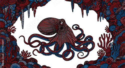Majestic deep-sea octopus gracefully navigating an intricate underwater cave adorned with vibrant coral formations, a captivating illustration of marine wildlife