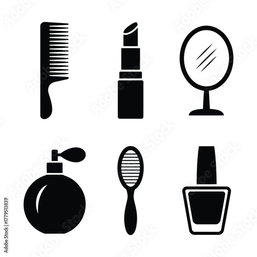 Collection of six black and white icons representing beauty and grooming products for personal care. makeup silhouette icon set.