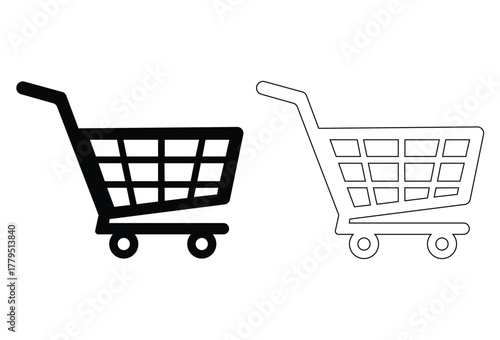 Shopping Cart Icon Vector. Black and White Minimal Trolley Symbol for E‑Commerce Design