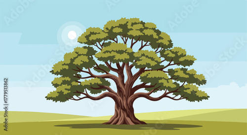 Tree illustration with sun, sky, and field