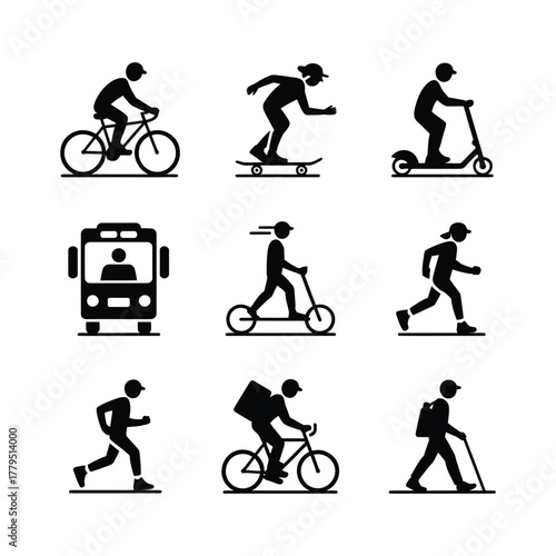  Collection of black silhouettes representing various modes of transportation and outdoor activities. black riding silhouette icon.