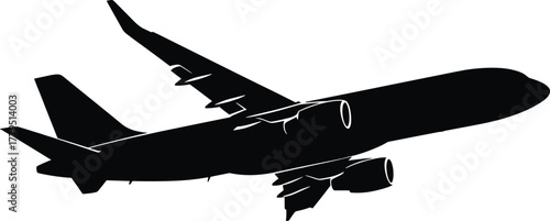 Black silhouette of a passenger jet airplane in flight, airplane, jet, aircraft, silhouette, black, white, flight, flying, travel, transportation, aviation, wing, engine, tail, fuselage, sky, air, spe